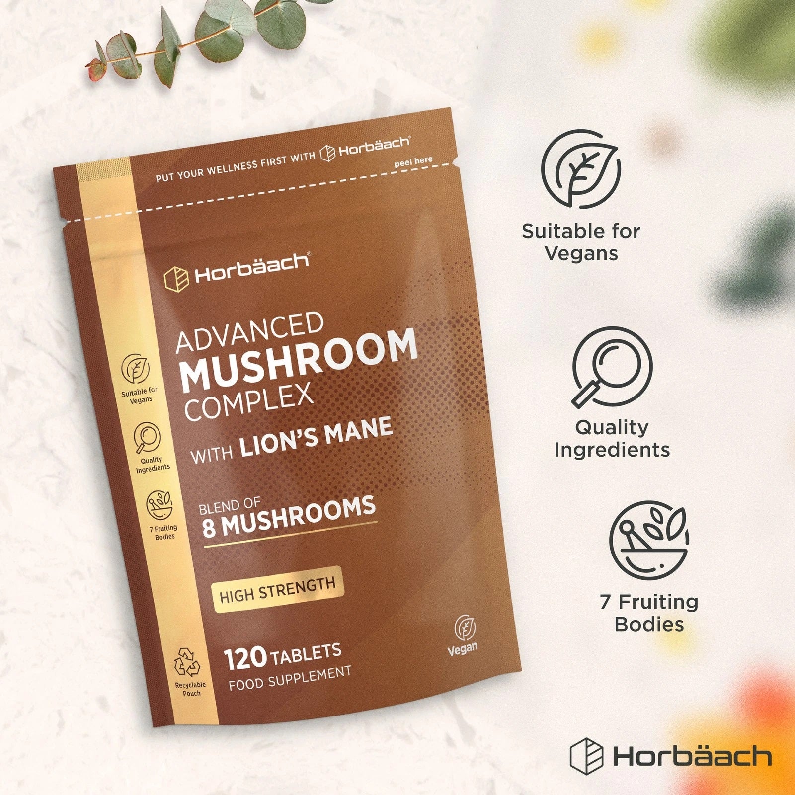 Advanced Mushroom Complex with Lion's Mane, blend of 8 mushrooms, high strength, 120 Vegan Tablets in a recyclable pouch.