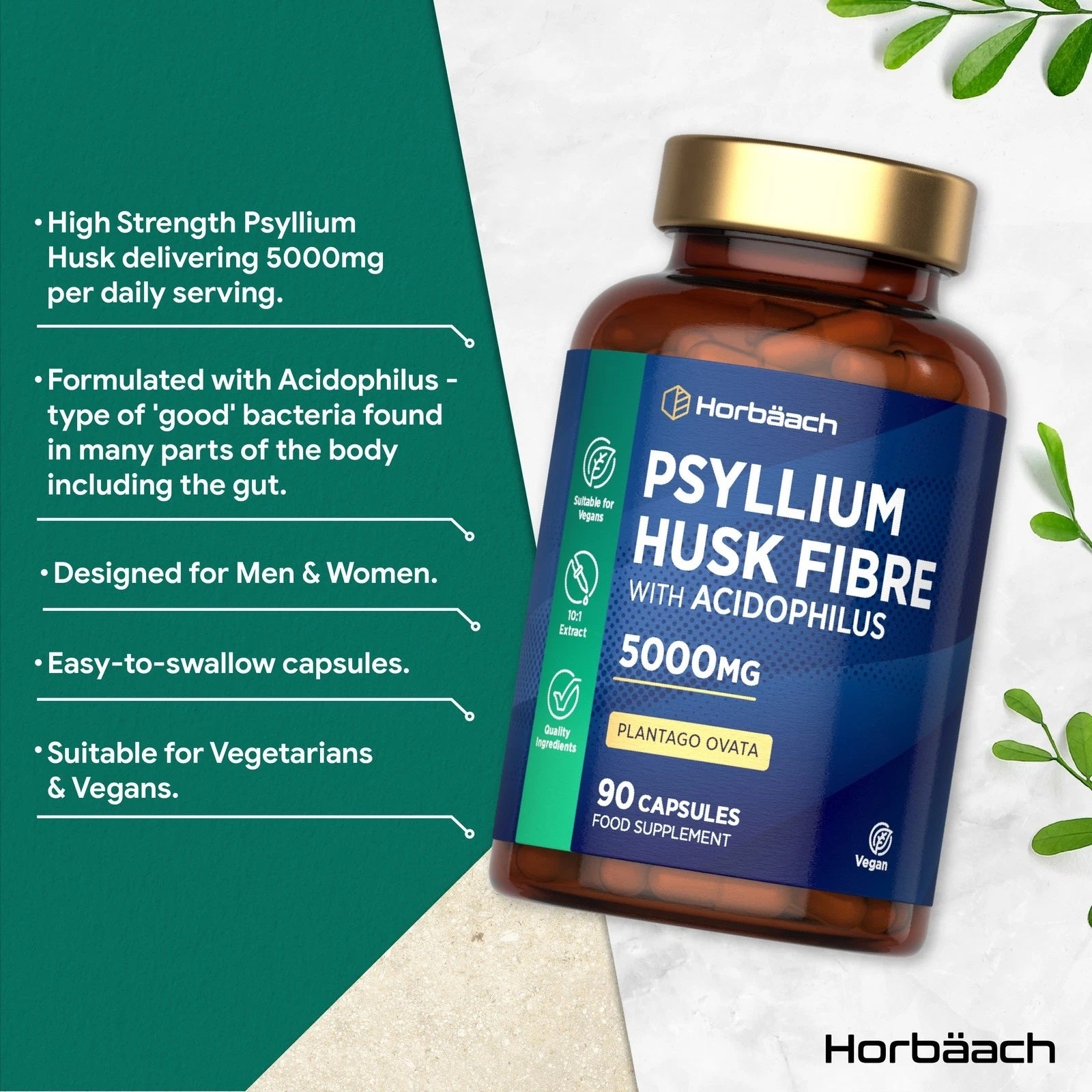 Psyllium Husk with Biotics 5000 mg | 90 Capsules