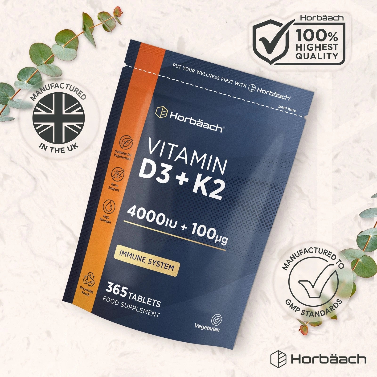 Vitamin D3 4000 IU & K2 MK7 100 µg | 365 Tablets