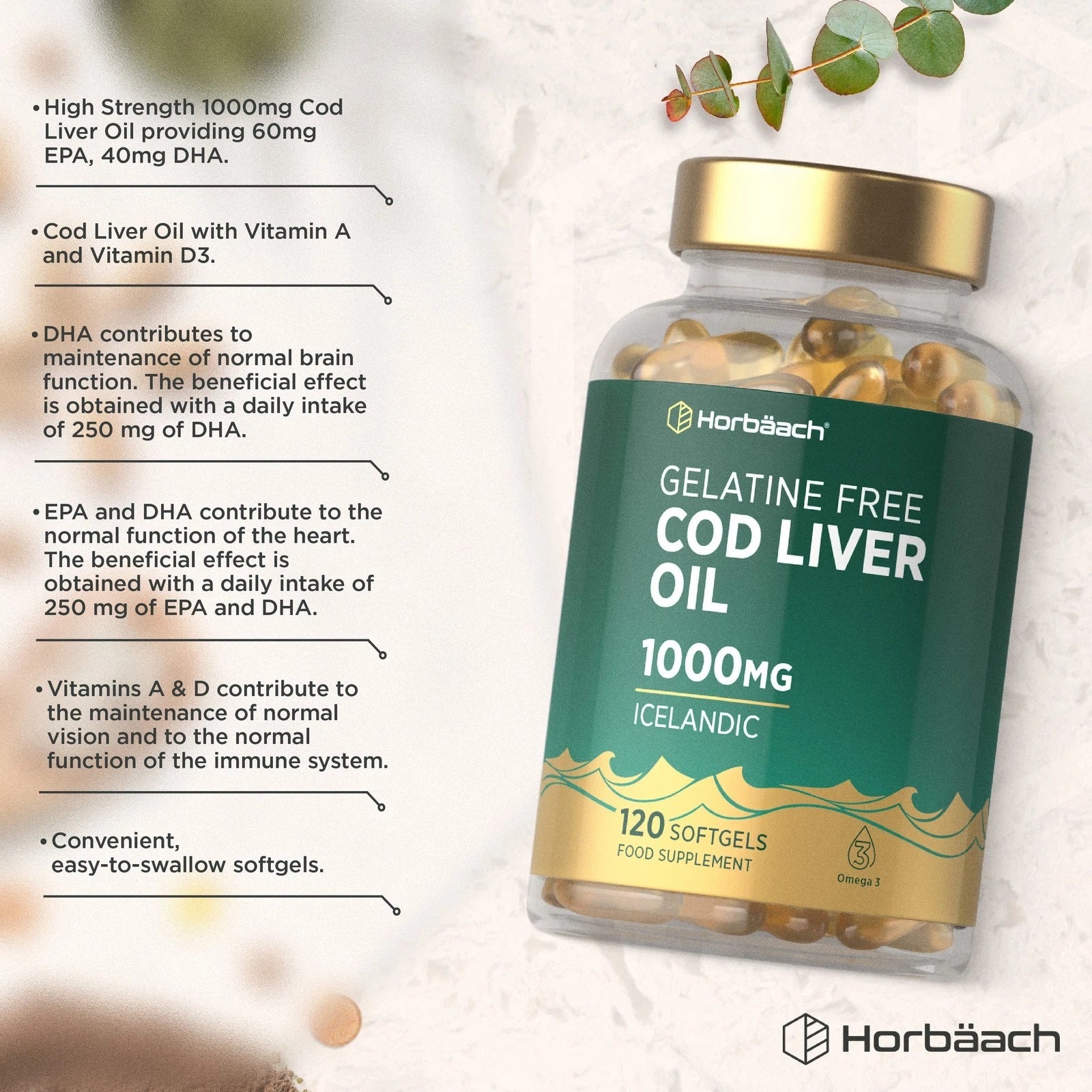 Cod Liver Oil Gelatine Free 1000 mg | 120 Softgels
