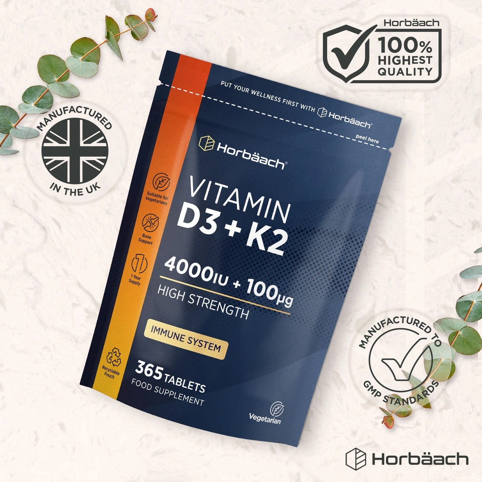 Vitamin D3 4000 IU & K2 MK7 100 µg | 365 Tablets